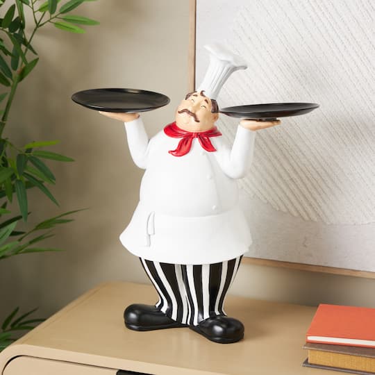 16.25" White Polystone Chef Kitchen Decorative Sculpture with Black Trays